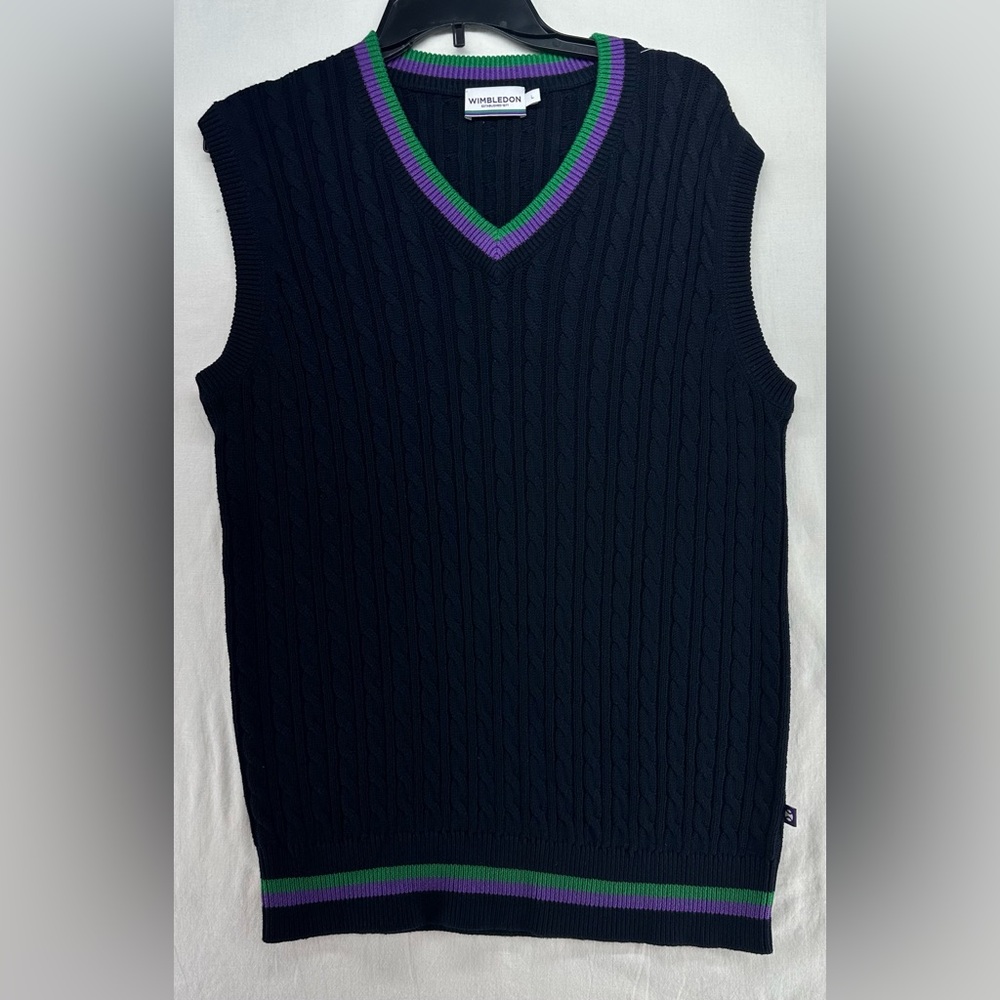 Wimbledon Navy Blue Cable Knit Sweater Vest Purple Green Stripe Womens‎ Size L